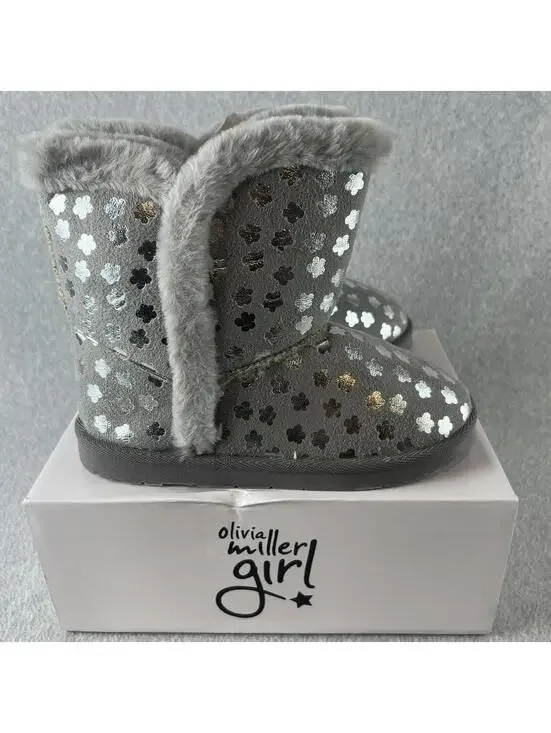 Olivia Miller Pull on Boots Girls Size 5 Youth Faux Fur Trim Gray Metallic - Picture 9 of 10